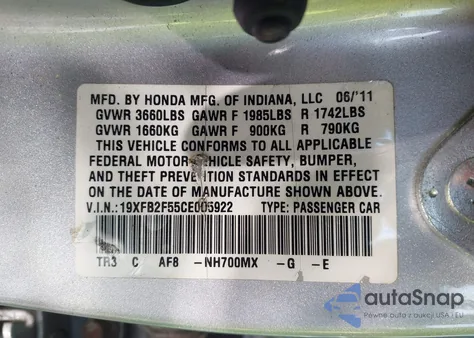 2012 Honda Civic Lx z USA, uszkodzony, nr VIN 19XFB2F55CE005922